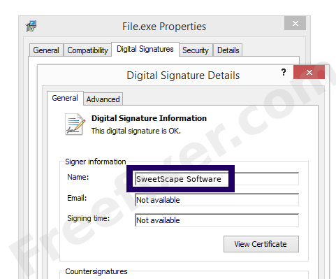 Screenshot of the SweetScape Software certificate